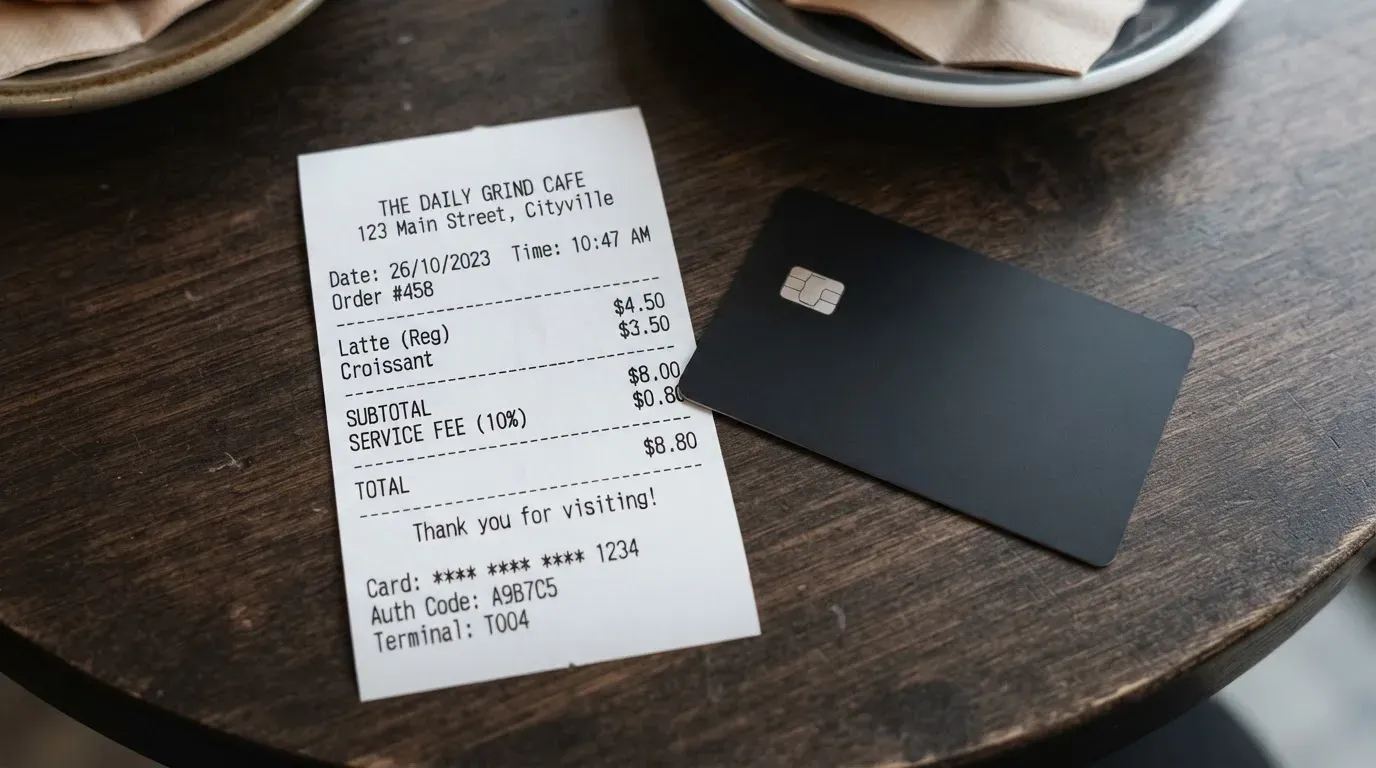 A receipt and a card on a café table