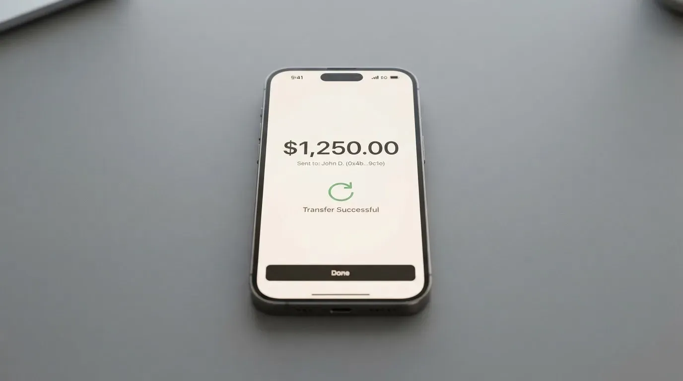 A phone showing a stablecoin transfer screen