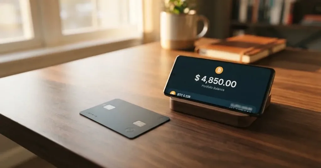 A payment card next to a phone with a crypto wallet app open