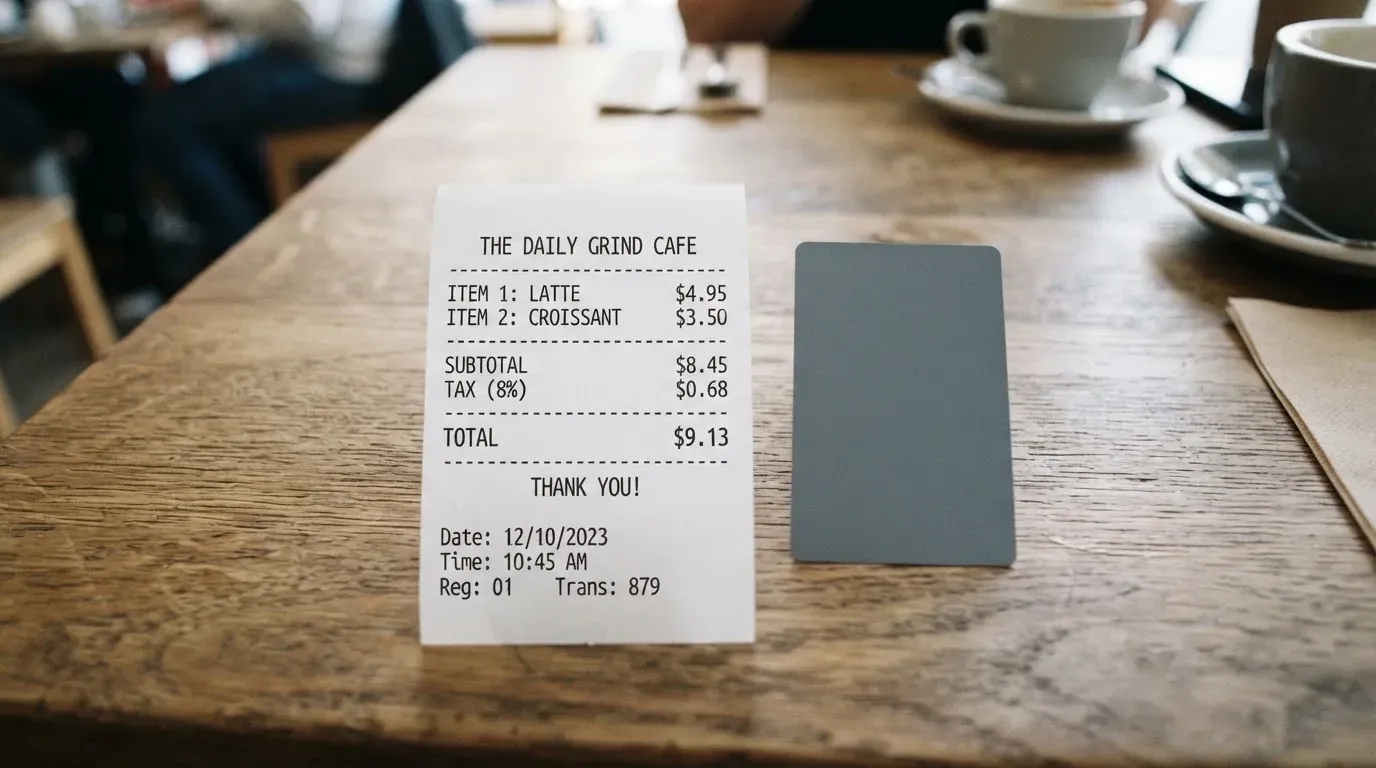 A receipt and a card on a café table