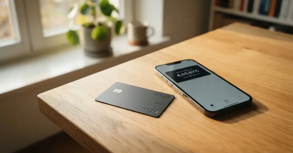 A payment card next to a phone with a crypto wallet app open