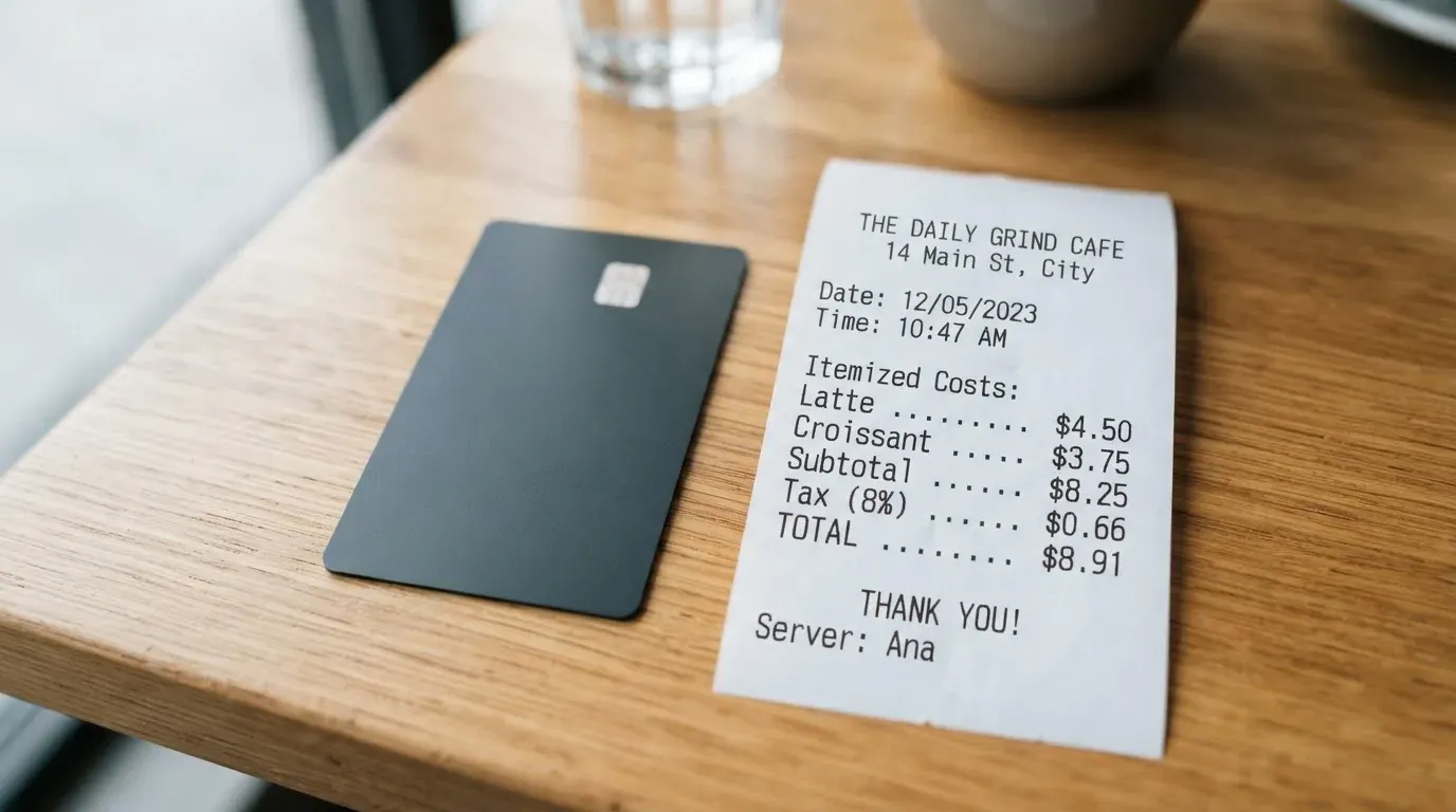 A receipt and a card on a café table