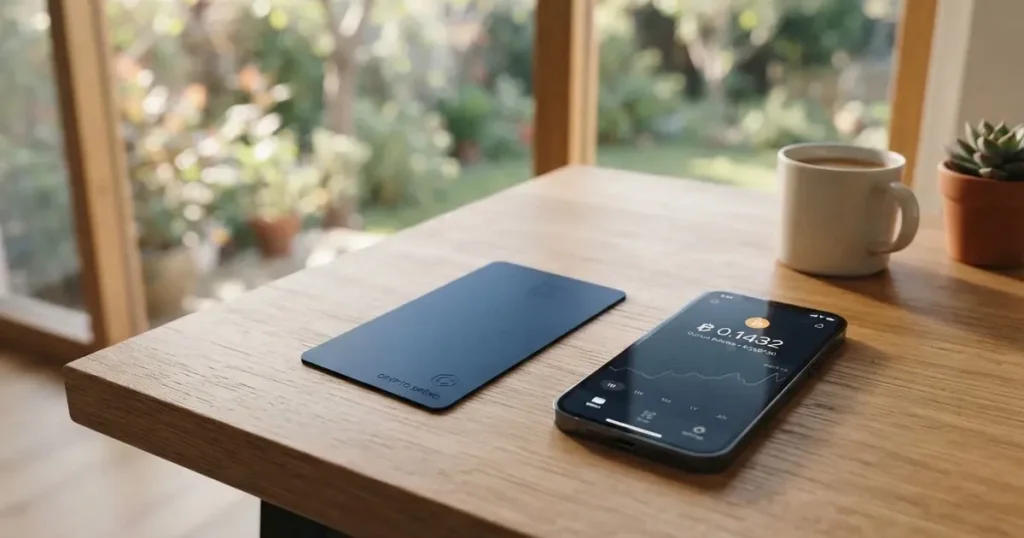 A payment card next to a phone with a crypto wallet app open