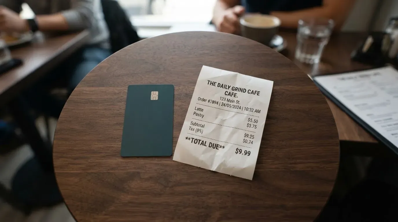 A receipt and a card on a café table
