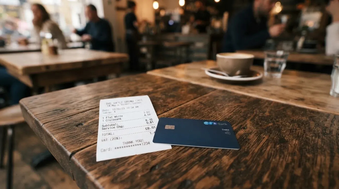 A receipt and a card on a café table