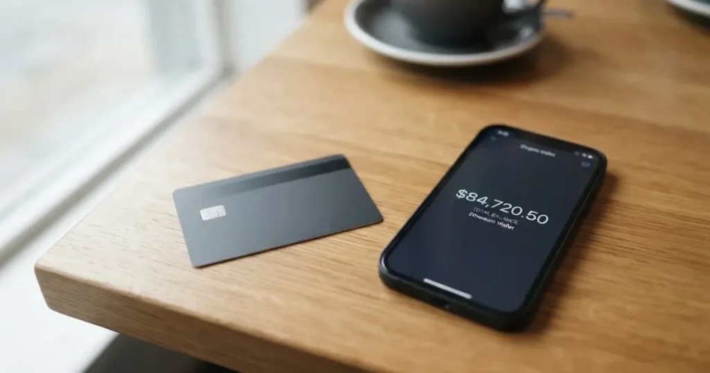 A payment card next to a phone with a crypto wallet app open