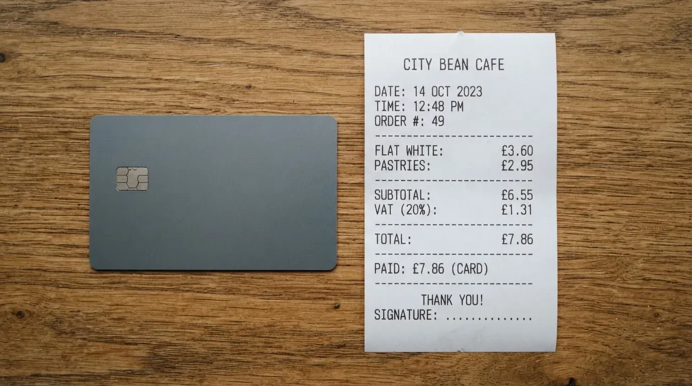 A receipt and a card on a café table