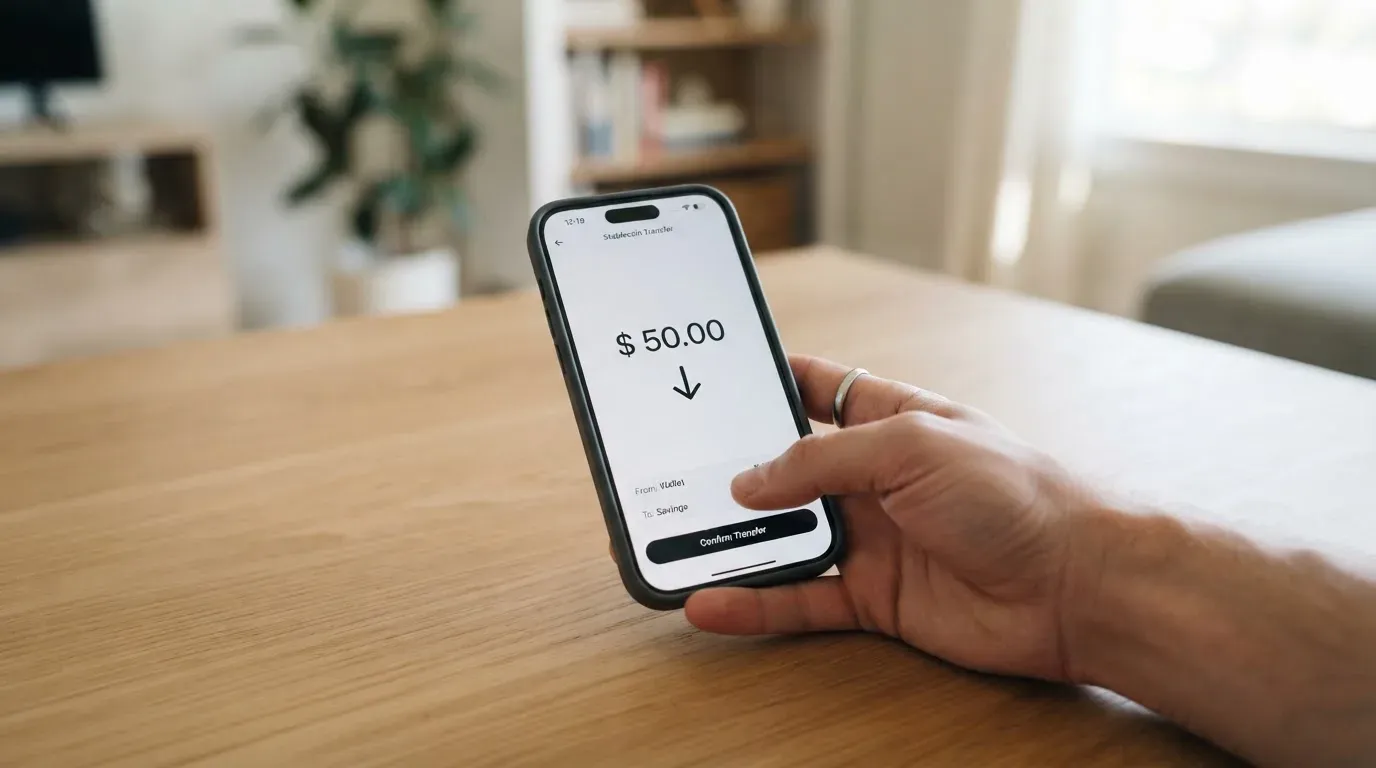 A phone showing a stablecoin transfer screen