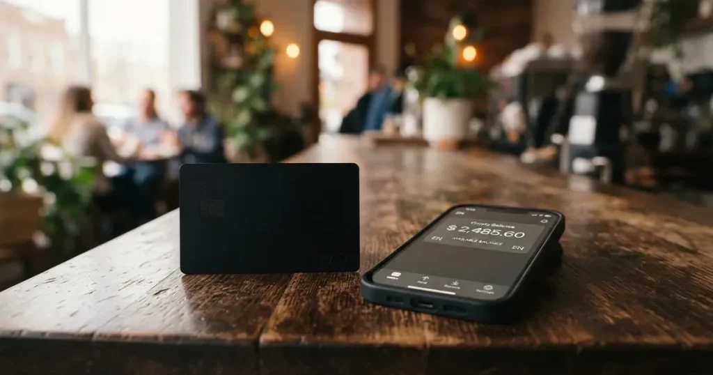 A payment card next to a phone with a crypto wallet app open