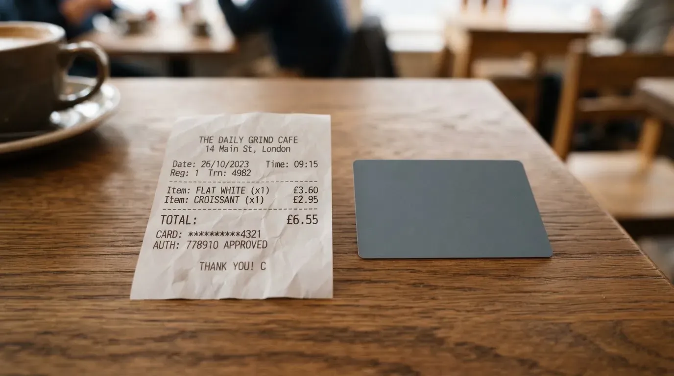 A receipt and a card on a café table
