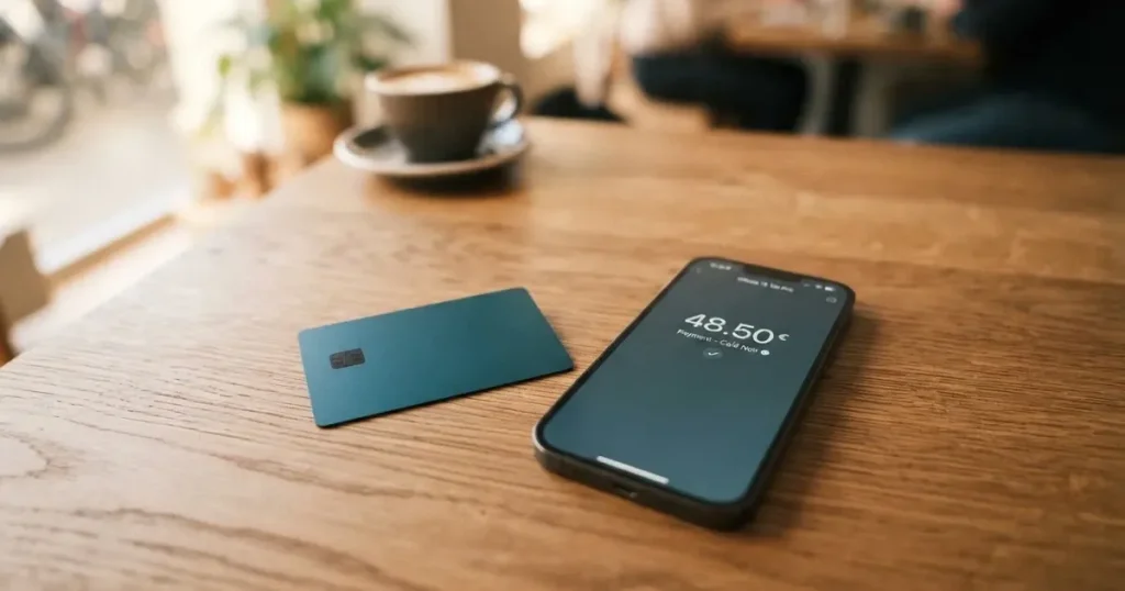 A payment card next to a phone with a crypto wallet app open
