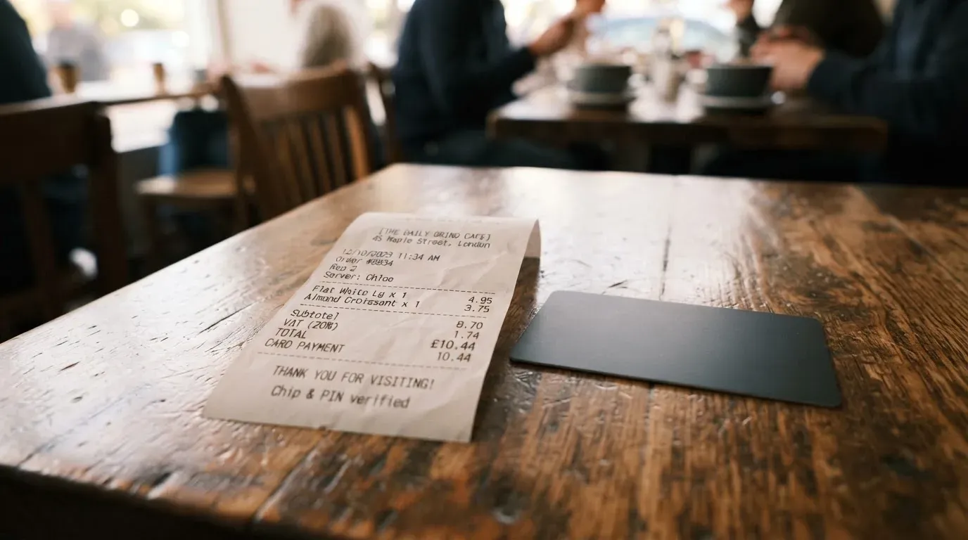 A receipt and a card on a café table