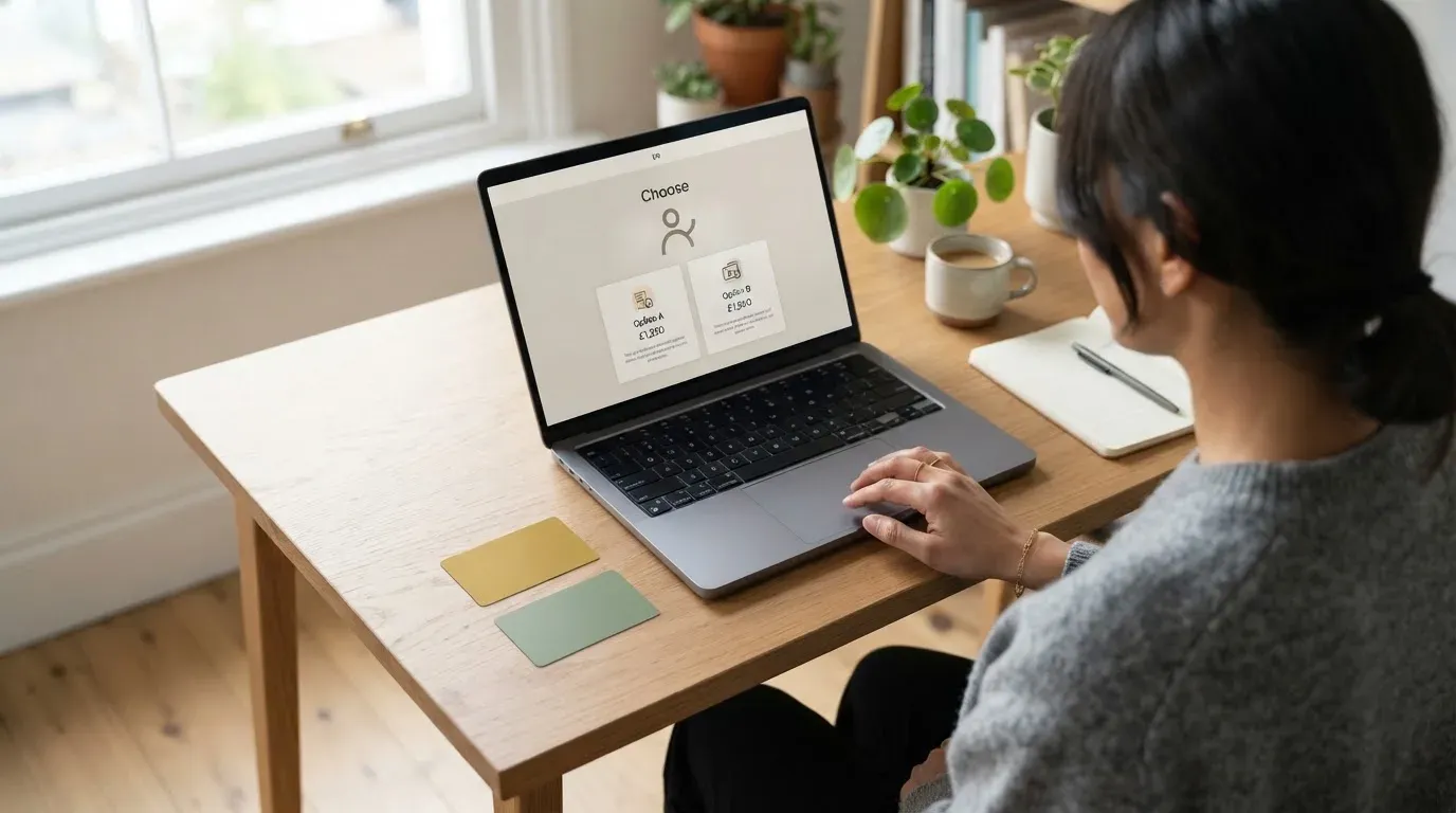 A person comparing two payment cards at a desk with a laptop