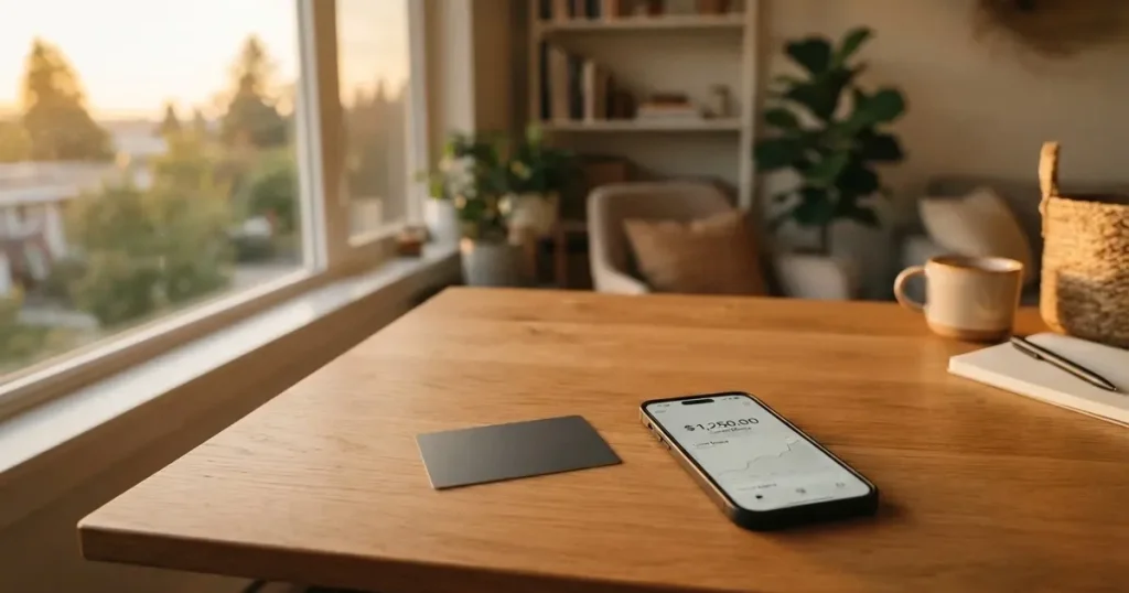 Several payment cards fanned out next to a phone with a crypto wallet app