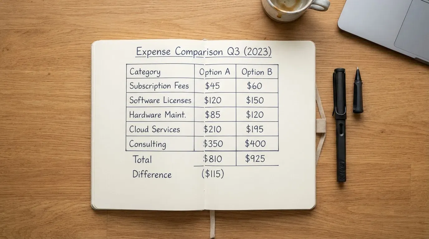 A notebook with a hand-drawn comparison table and a pen