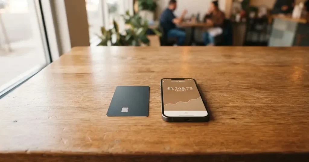 A payment card next to a phone with a crypto wallet app open