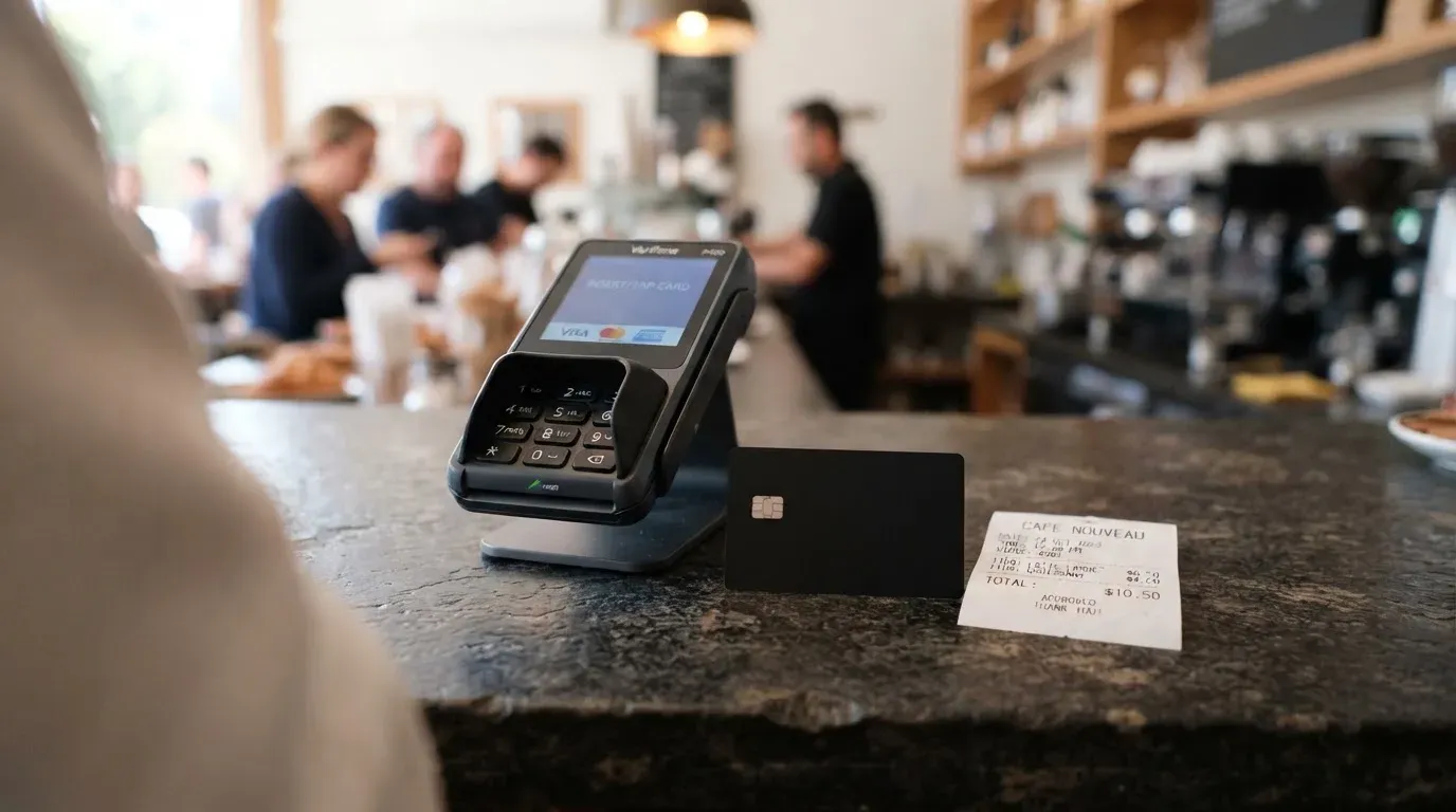 A receipt and a card on a café table