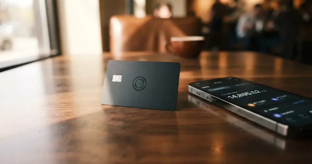 A payment card next to a phone with a crypto wallet app open