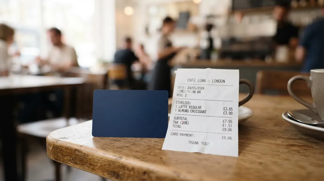 A receipt and a card on a café table