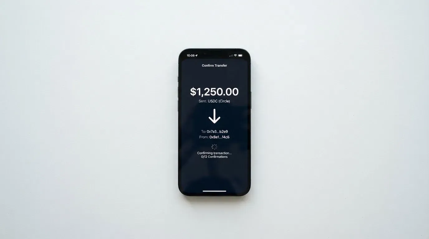 A phone showing a stablecoin transfer screen