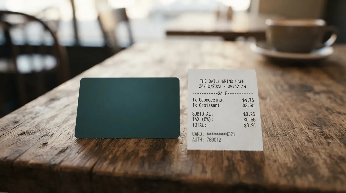 A receipt and a card on a café table