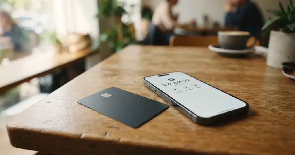 A payment card next to a phone with a crypto wallet app open