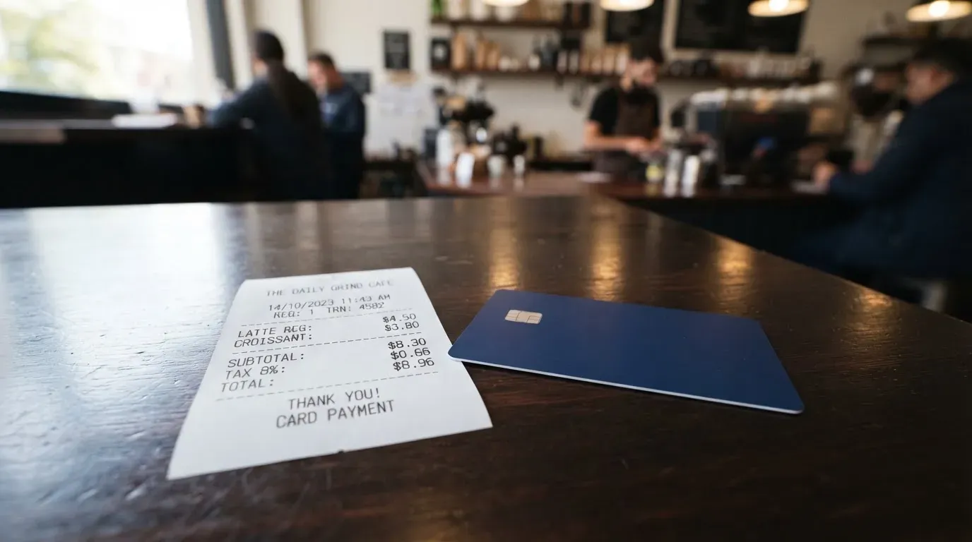 A receipt and a card on a café table