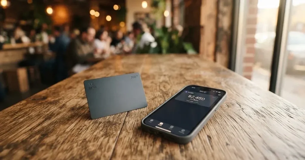 A payment card next to a phone with a crypto wallet app open