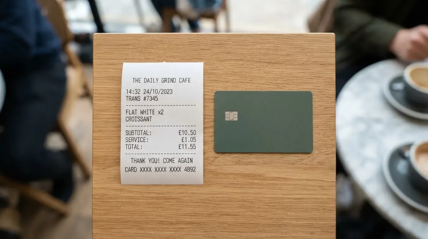 A receipt and a card on a café table