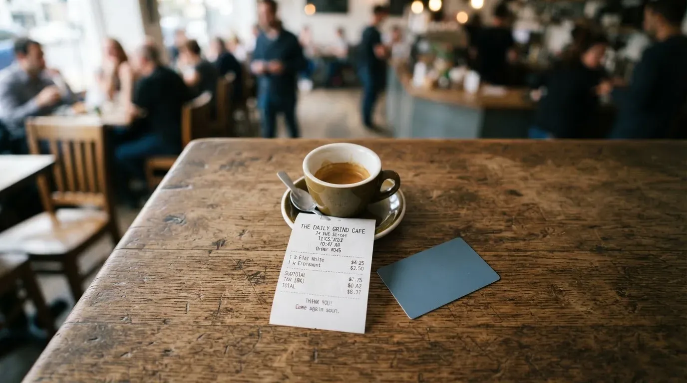 A receipt and a card on a café table