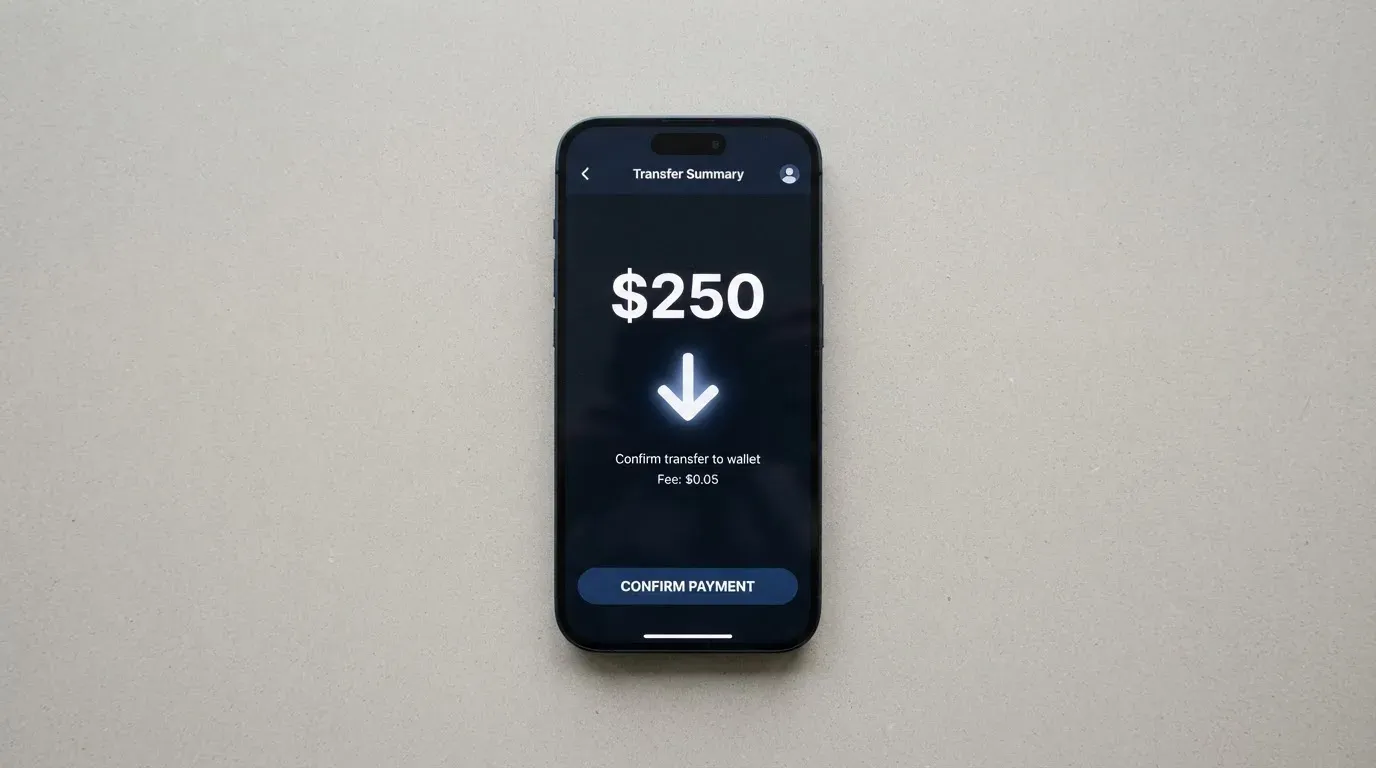 A phone showing a stablecoin transfer screen
