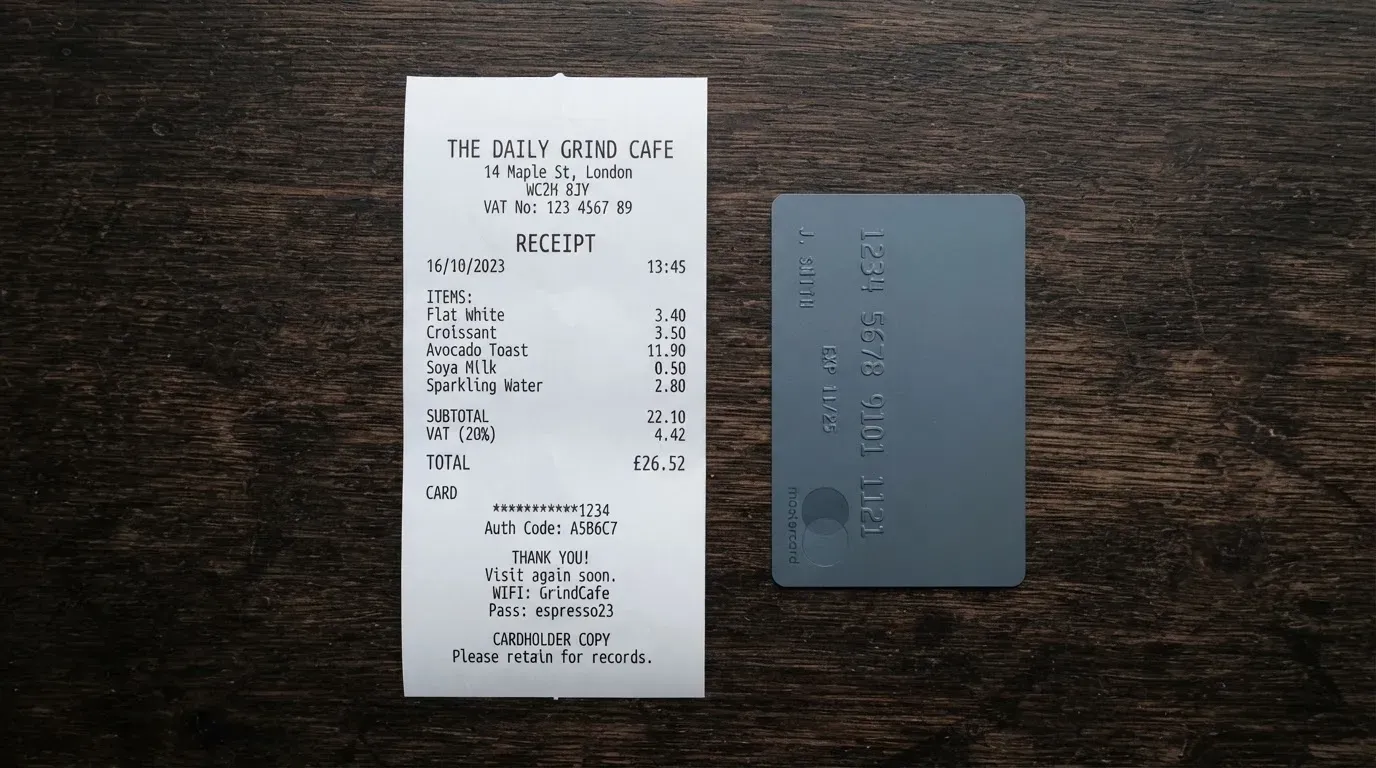 A receipt and a card on a café table