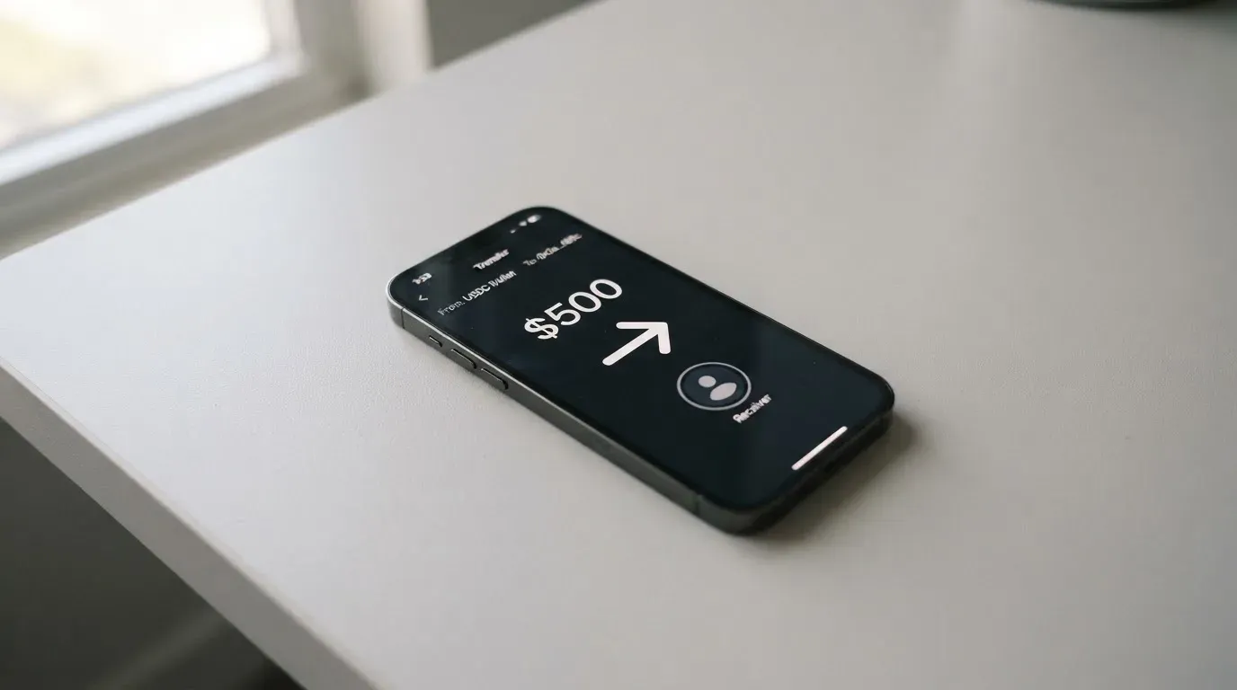 A phone showing a stablecoin transfer screen