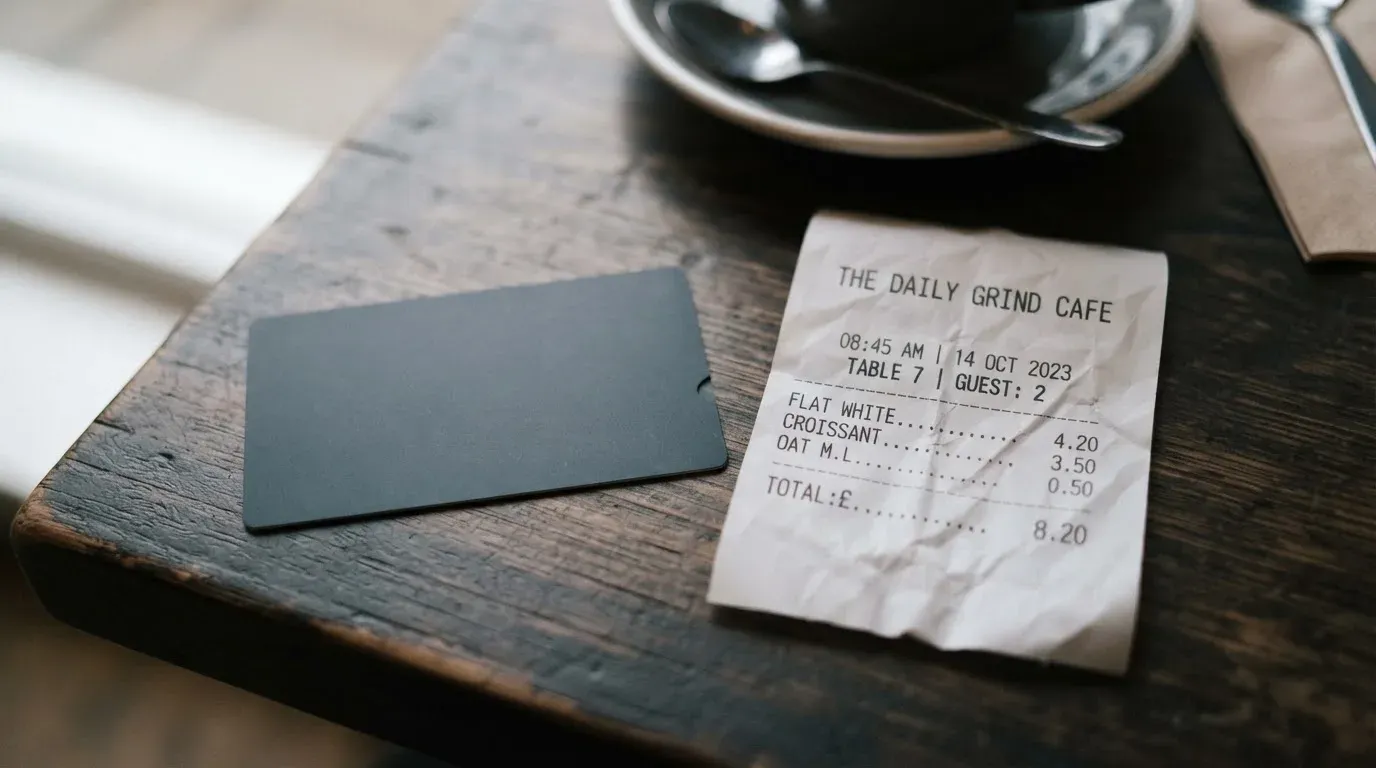 A receipt and a card on a café table