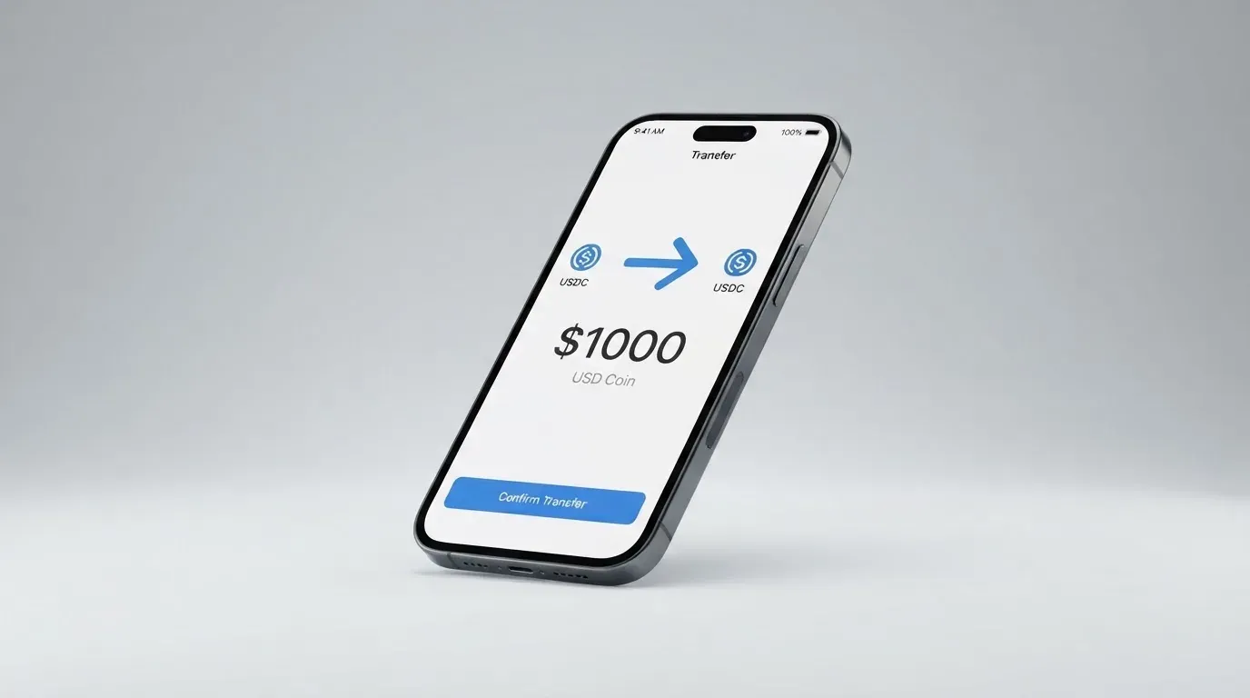 A phone showing a stablecoin transfer screen