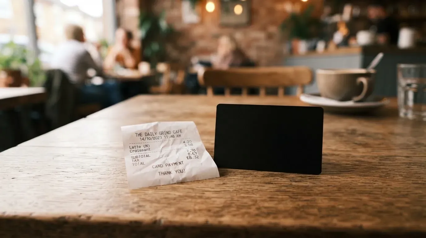A receipt and a card on a café table