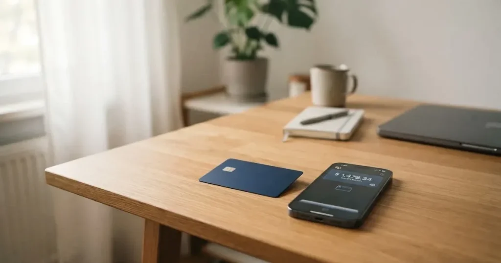 A payment card next to a phone with a crypto wallet app open