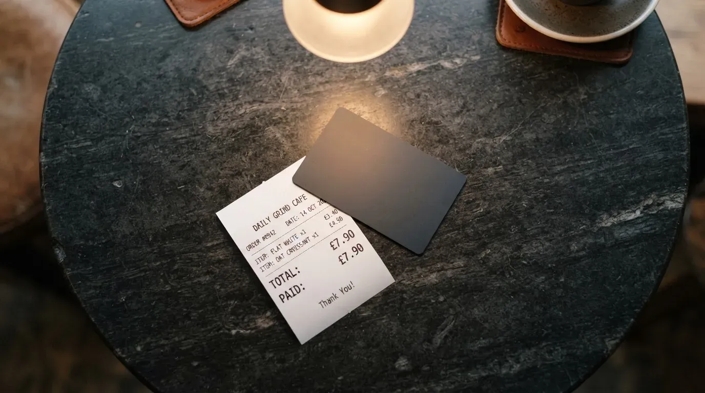 A receipt and a card on a café table