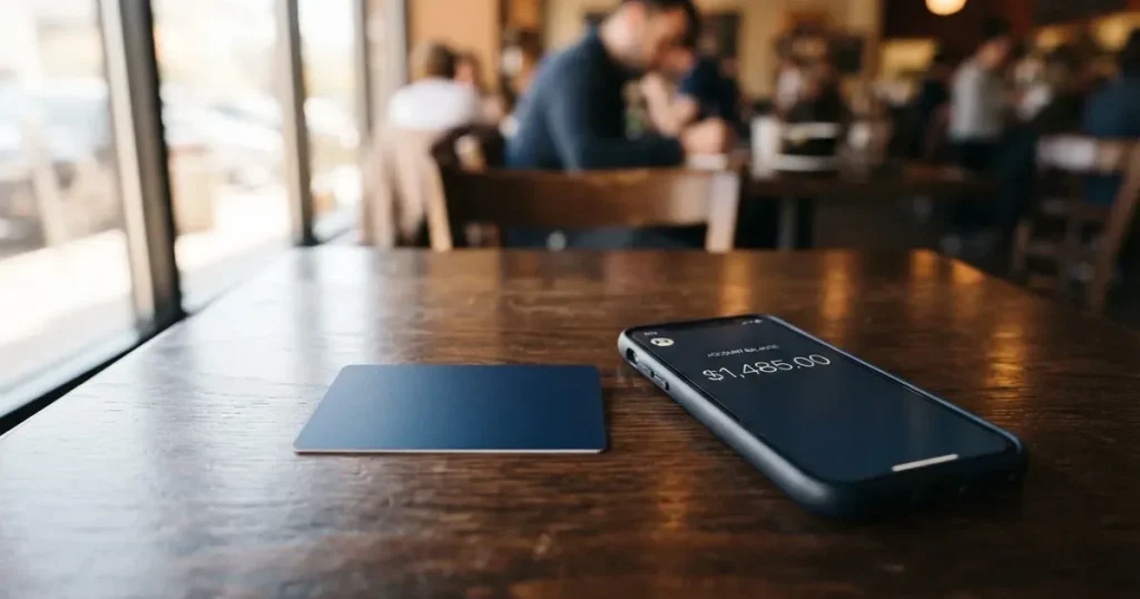 A payment card next to a phone with a crypto wallet app open