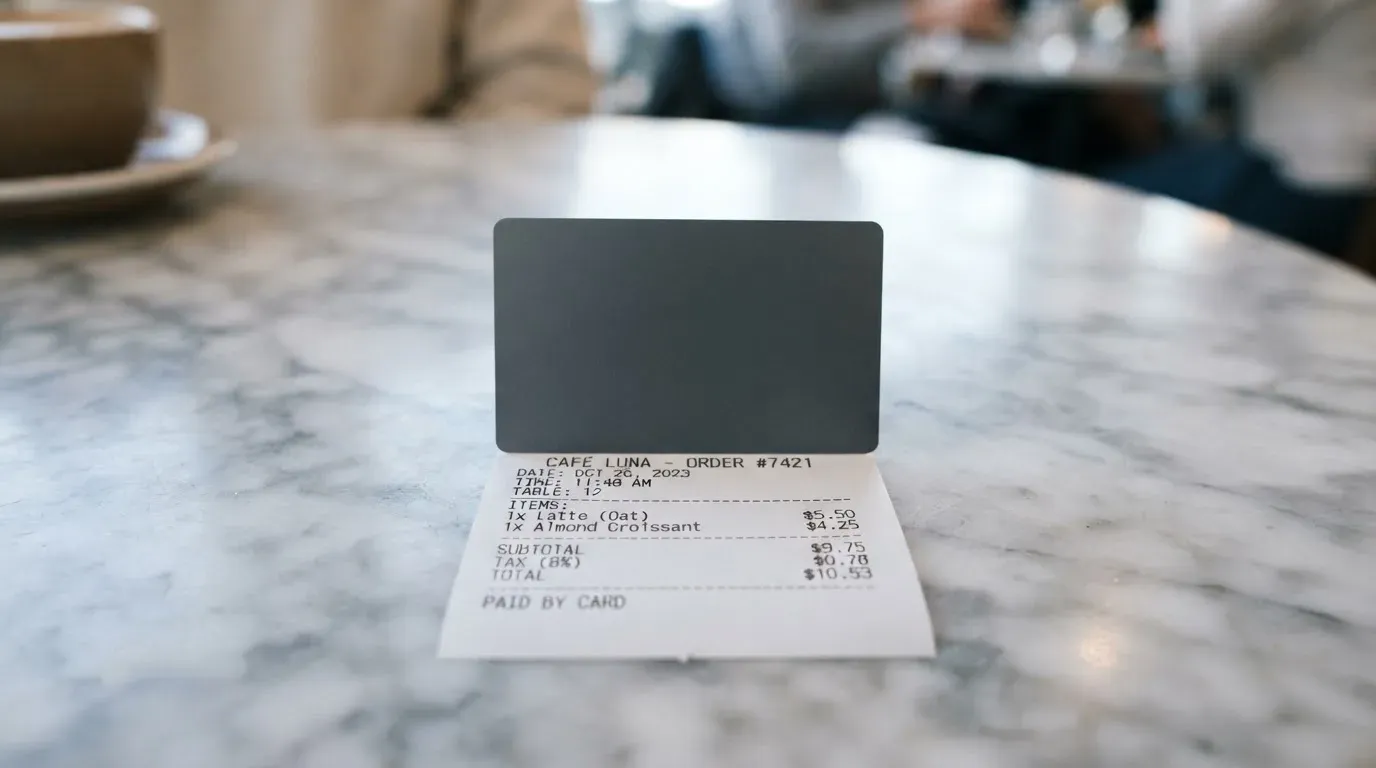 A receipt and a card on a café table