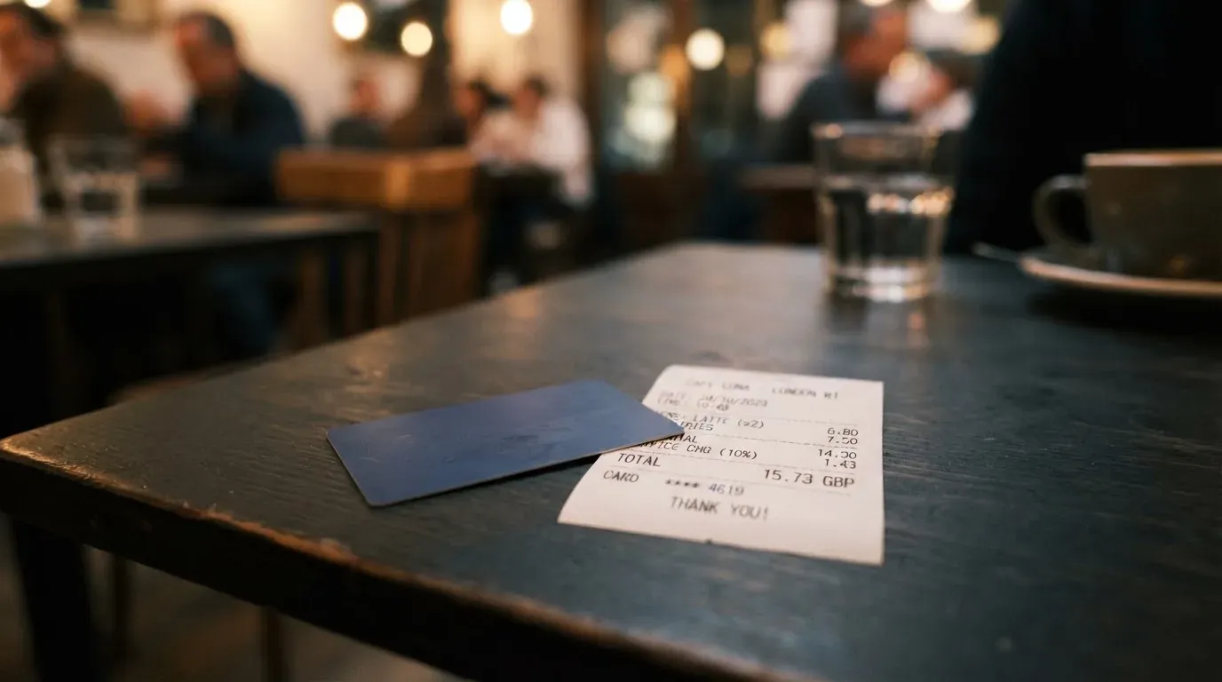 A receipt and a card on a café table