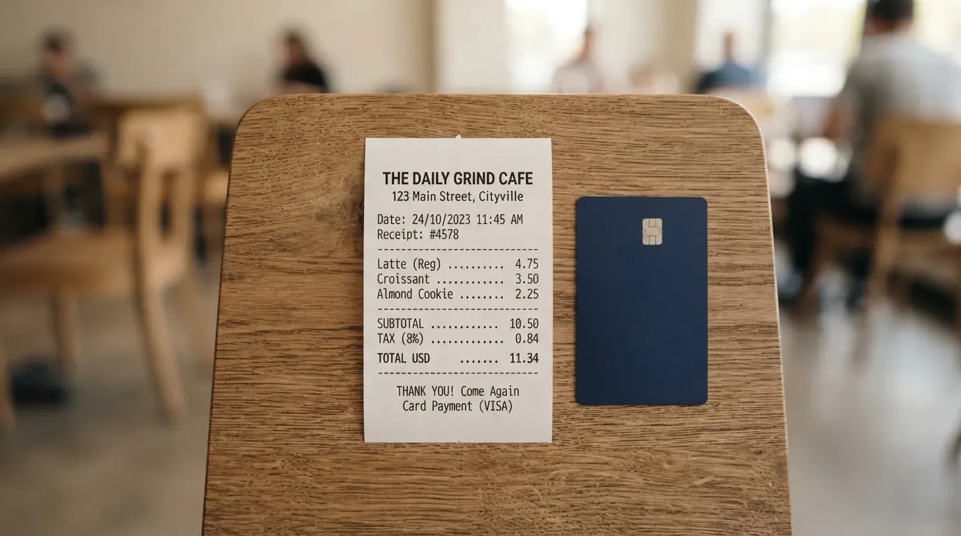 A receipt and a card on a café table