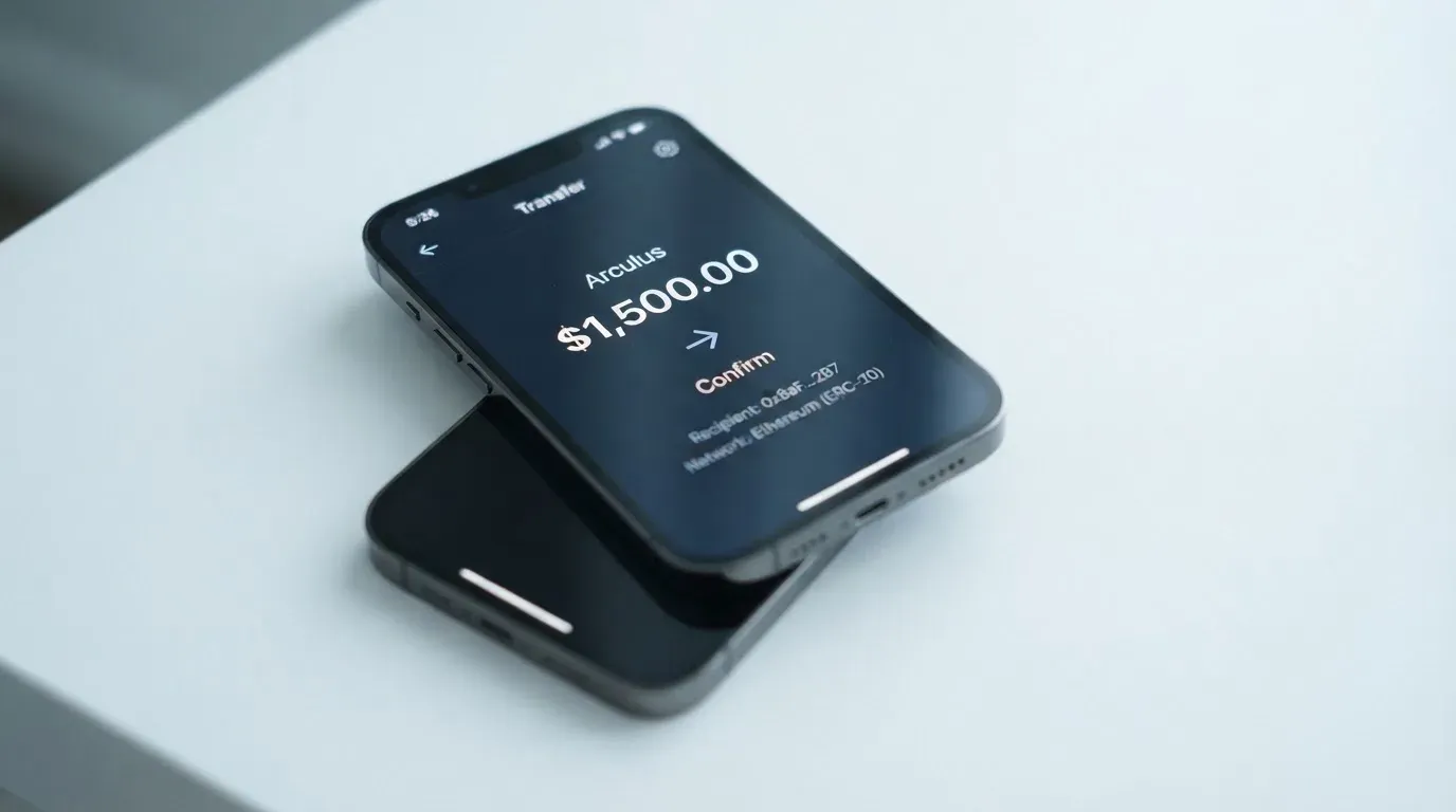 A phone showing a stablecoin transfer screen
