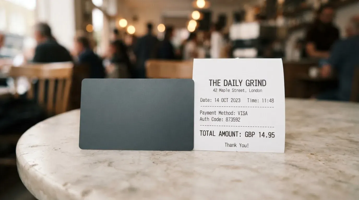 A receipt and a card on a café table