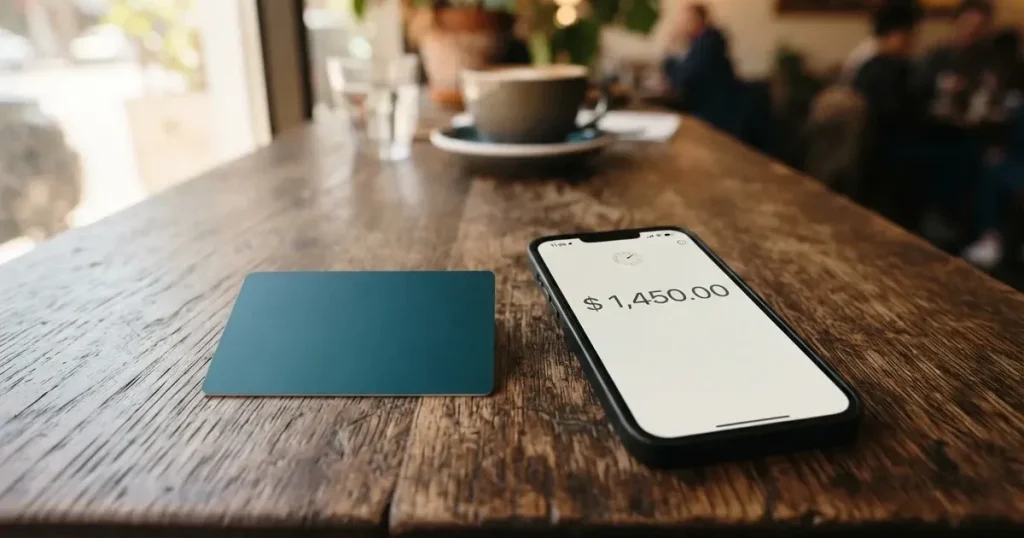 A payment card next to a phone with a crypto wallet app open