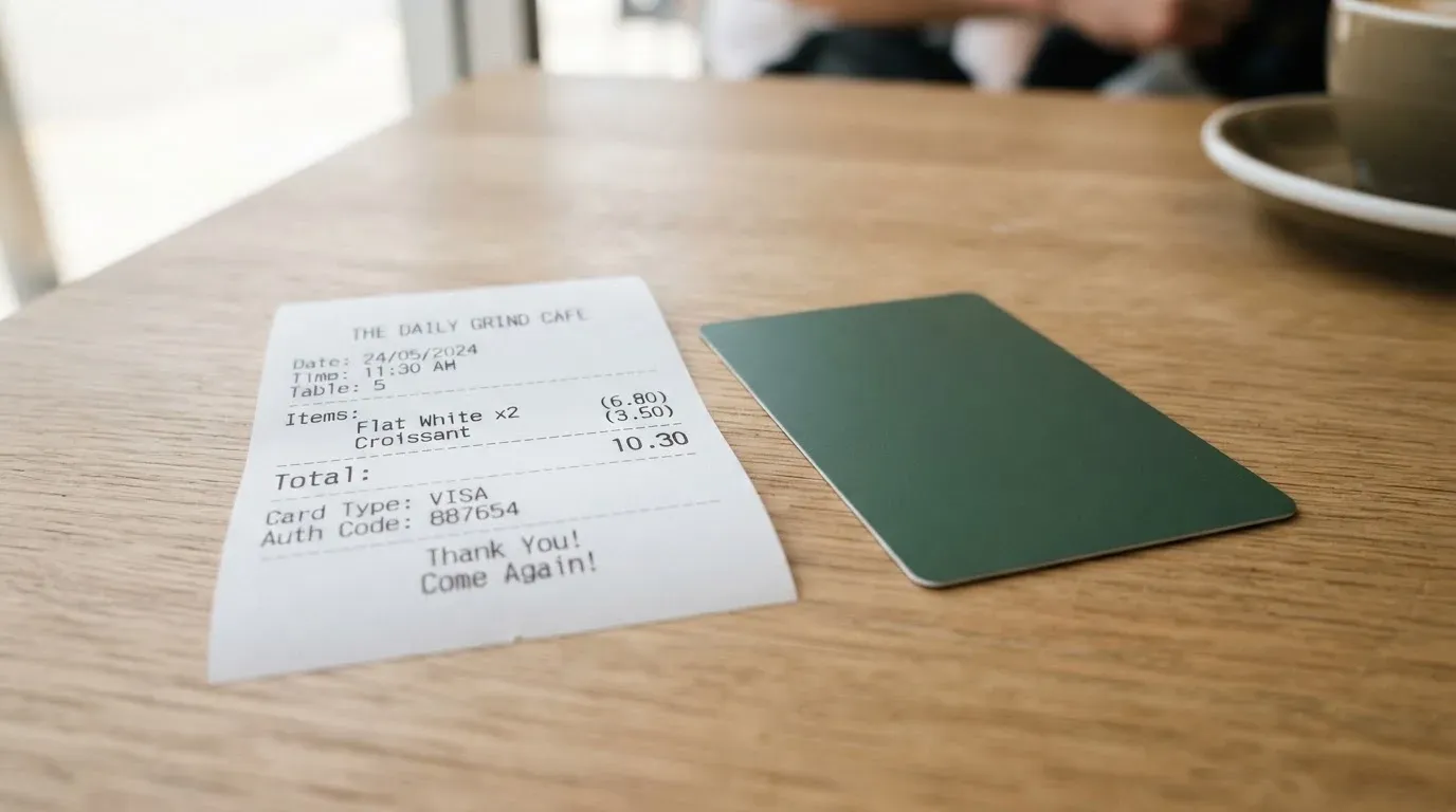 A receipt and a card on a café table