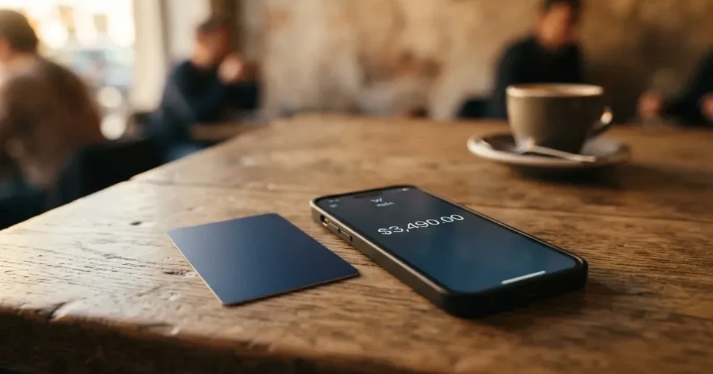 A payment card next to a phone with a crypto wallet app open