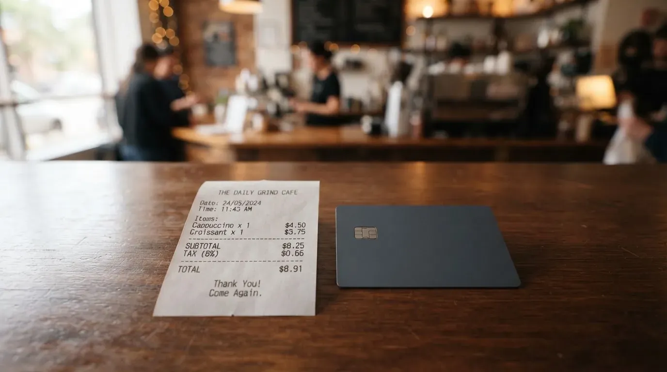 A receipt and a card on a café table
