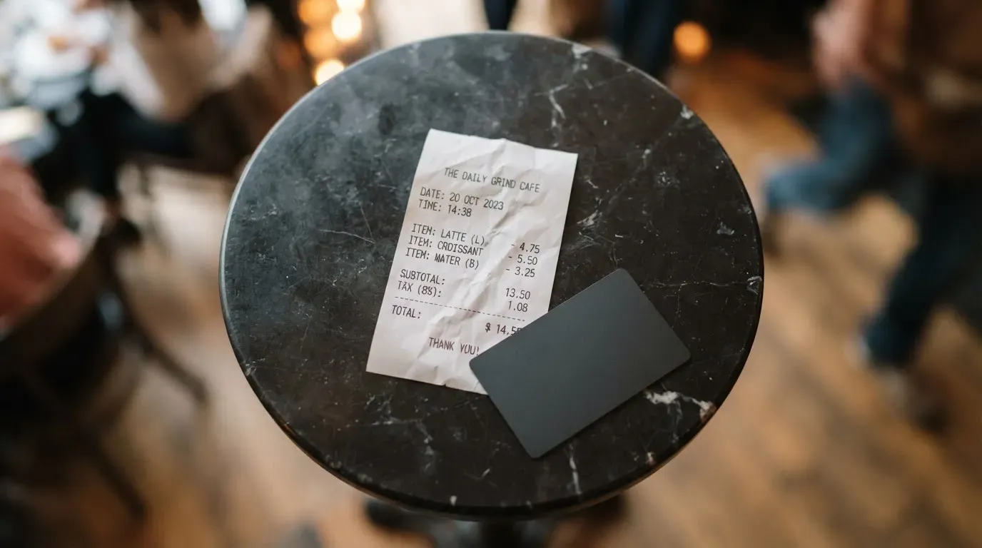 A receipt and a card on a café table
