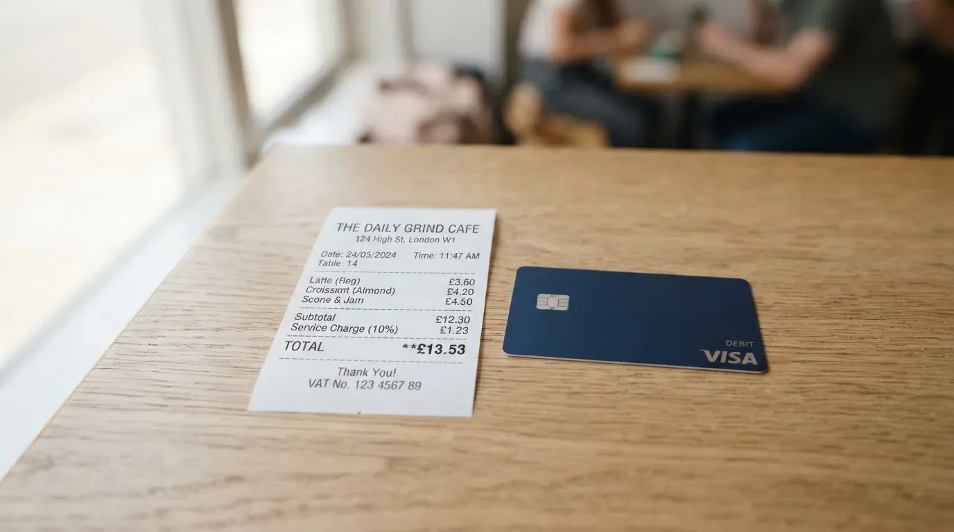 A receipt and a card on a café table
